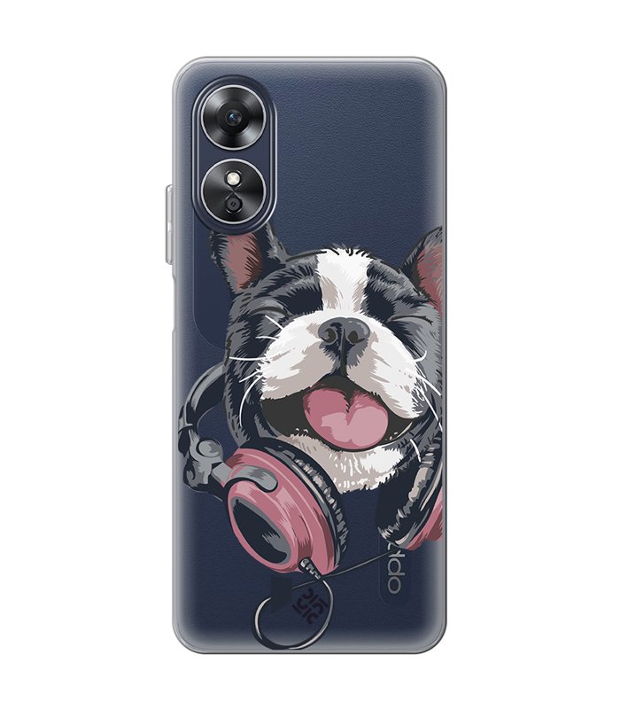 Funda para [ OPPO A17 ] Diseño Música [ Perro Feliz Escuchando Música ] de Silicona Flexible para Smartphone