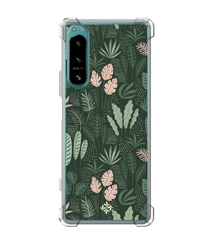 Funda Antigolpe [ Sony Xperia 5 IV ] Dibujo Botánico [ Patron Flora Vegetal Verde y Rosa ] Esquina Reforzada 1.5mm