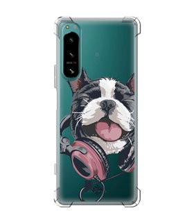 Funda Antigolpe [ Sony Xperia 5 IV ] Diseño Música [ Perro Feliz Escuchando Música ] Esquina Reforzada Silicona