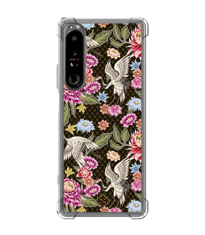 Funda Antigolpe [ Sony Xperia 1 IV ] Dibujo Japones [ Estampado de Flores y Grúas Blancas ] Esquina Reforzada Silicona 1.5