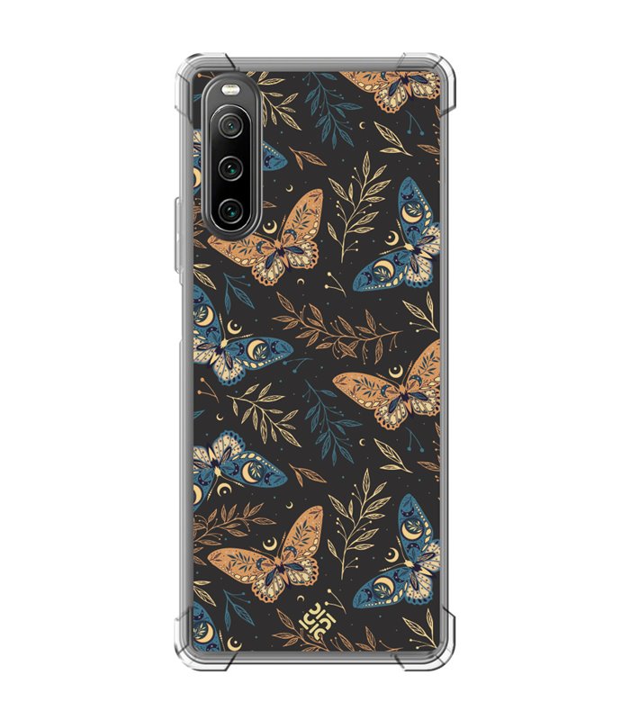 Funda Antigolpe [ Sony Xperia 10 IV ] Dibujo Esotérico [ Boho Fondo Mágico con Ramas y Mariposas y Polillas ] Esquina 1.5