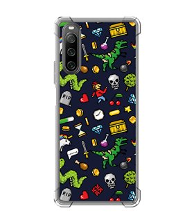 Funda Antigolpe [ Sony Xperia 10 IV ] Dibujo Gamers [ Iconos de Juego Retro Pixel Art 8 Bits ] Esquina Reforzada 1.5mm 