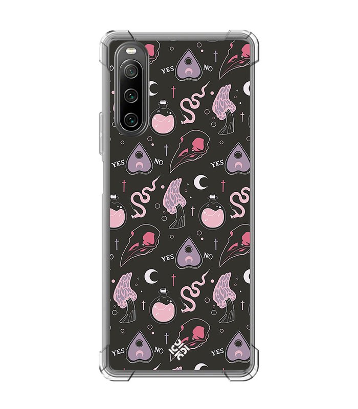 Funda Antigolpe [ Sony Xperia 10 IV ] Dibujo Gotico [ Diseño Brujería en Tonos Pastel y Fondo Negro ] Esquina Reforzada