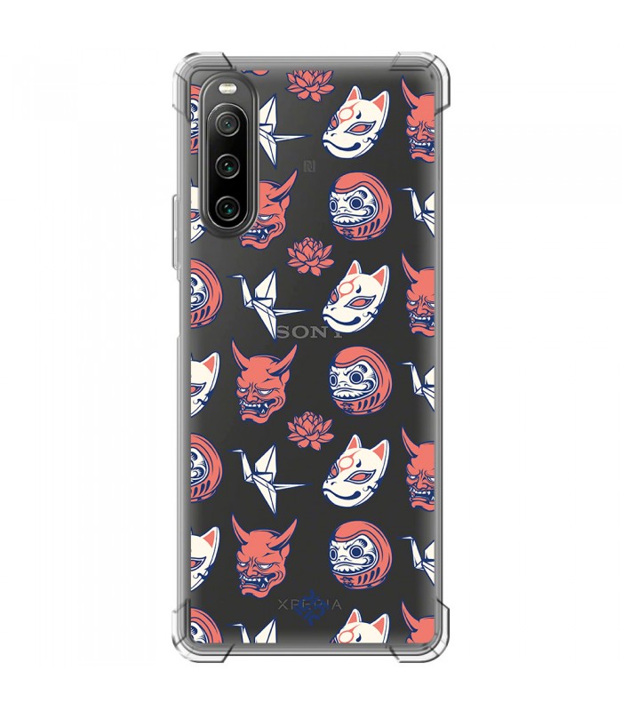 Funda Antigolpe [ Sony Xperia 10 IV ] Dibujo Japones [ Daruma, Máscara Kitsune y Hannya Japon ] Esquina Reforzada 1.5mm