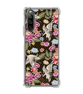 Funda Antigolpe [ Sony Xperia 10 IV ] Dibujo Japones [ Estampado de Flores y Grúas Blancas ] Esquina Reforzada Silicona 1.5