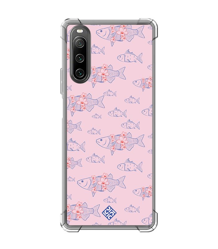 Funda Antigolpe [ Sony Xperia 10 IV ] Dibujo Japones [ Sakura y Pescado Rosa Pastel ] Esquina Reforzada Silicona