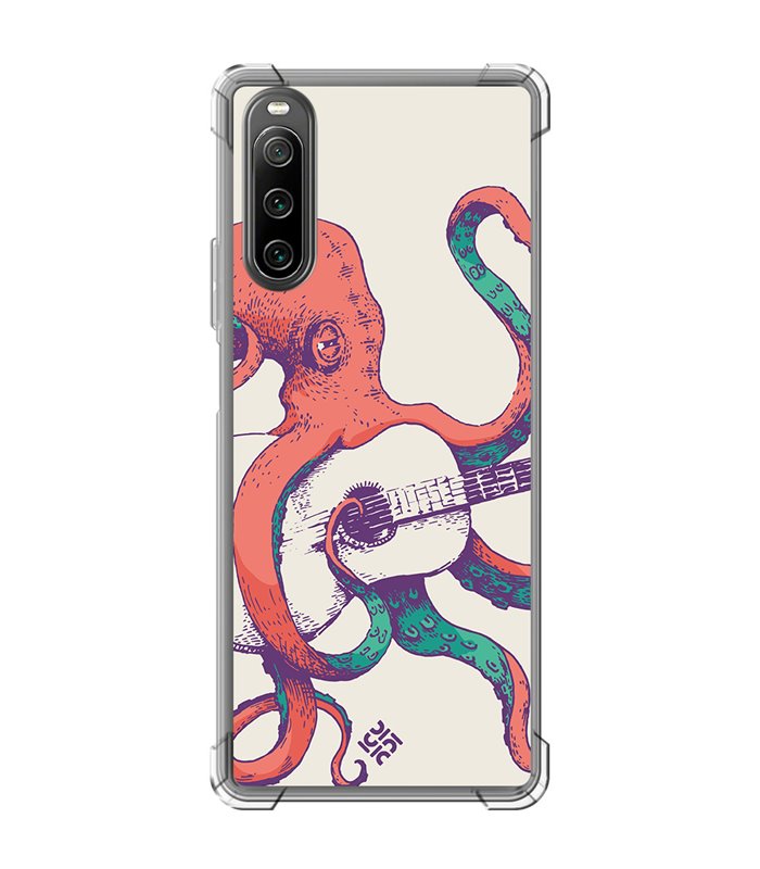 Funda Antigolpe [ Sony Xperia 10 IV ] Diseño Música [ Pulpo Tocando la Guitarra ] Esquina Reforzada Silicona 1.5mm