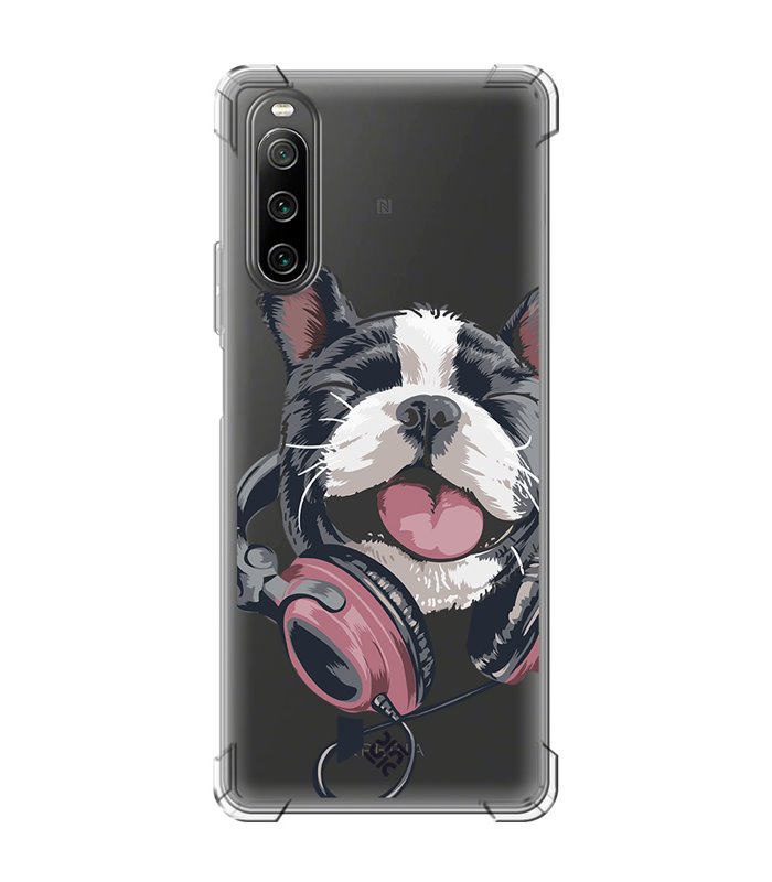 Funda Antigolpe [ Sony Xperia 10 IV ] Diseño Música [ Perro Feliz Escuchando Música ] Esquina Reforzada Silicona