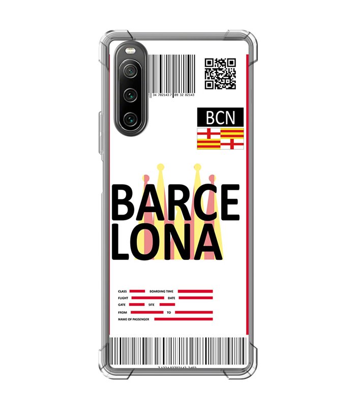 Funda Antigolpe [ Sony Xperia 10 IV ] Billete de Avión [ Barcelona ] Esquina Reforzada Silicona 1.5mm Transparente