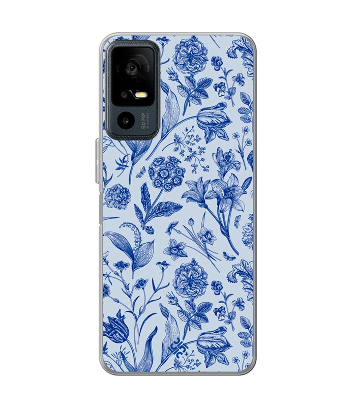 Funda para [ TCL 40R 5G ] Dibujo Botánico [ Flores Silvestres Patron Azul ] de Silicona Flexible