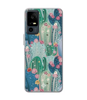 Funda para [ TCL 40R 5G ] Dibujo Botánico [ Cactus Con Flores Rosas ] de Silicona Flexible para Smartphone