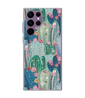 Funda para [ Samsung Galaxy S23 Ultra ] Dibujo Botánico [ Cactus Con Flores Rosas ] de Silicona Flexible para Smartphone