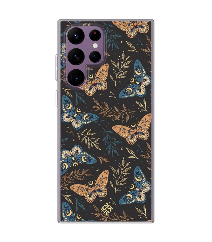 Funda para [ Samsung Galaxy S23 Ultra ] Dibujo Esotérico [ Boho Fondo Mágico con Ramas y Mariposas y Polillas ] de Silicona