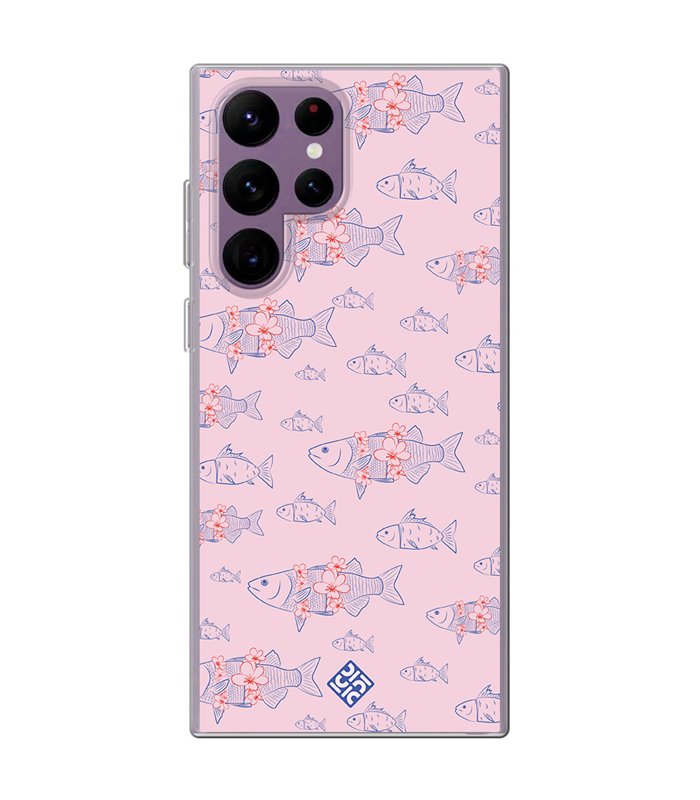 Funda para [ Samsung Galaxy S23 Ultra ] Dibujo Japones [ Sakura y Pescado Rosa Pastel ] de Silicona