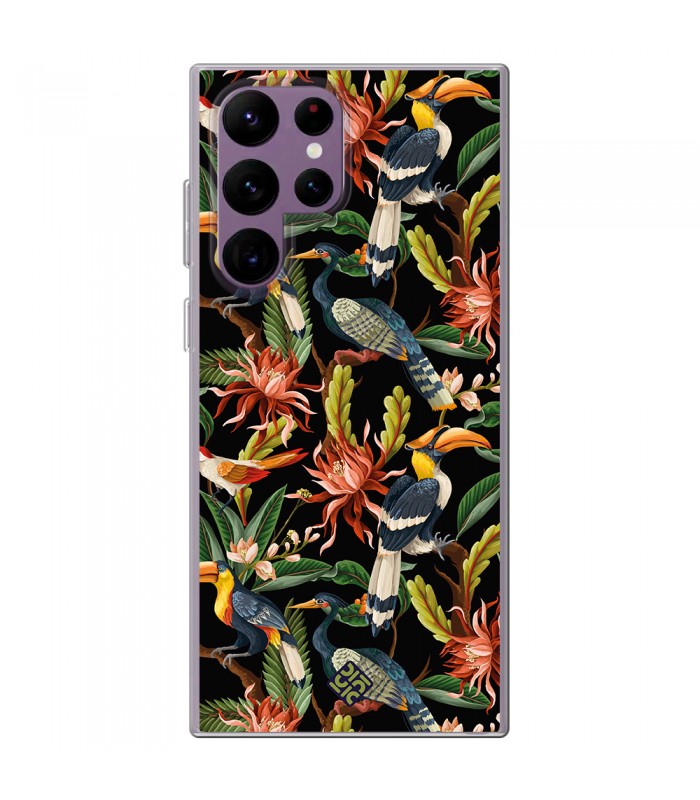 Funda para [ Samsung Galaxy S23 Ultra ] Dibujo Mascotas [ Estampado Aves y Hojas y Flores Tropicales ] de Silicona