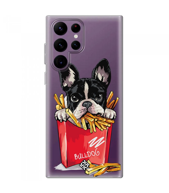 Funda para [ Samsung Galaxy S23 Ultra ] Dibujo Mascotas [ Perrito Bulldog con Patatas ] de Silicona Flexible