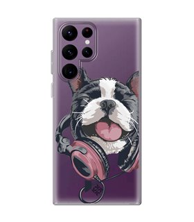 Funda para [ Samsung Galaxy S23 Ultra ] Diseño Música [ Perro Feliz Escuchando Música ] de Silicona Flexible