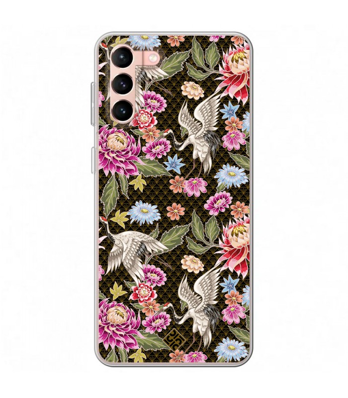 Funda para [ Samsung Galaxy S23 Plus ] Dibujo Japones [ Estampado de Flores y Grúas Blancas ] de Silicona