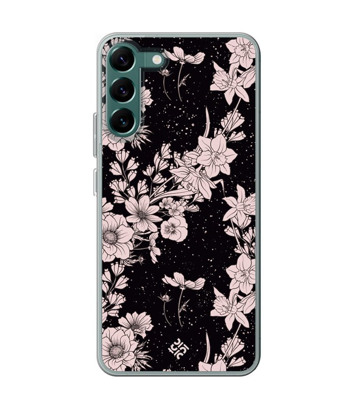 Funda para [ Samsung Galaxy S23 ] Dibujo Botánico [ Flores de amapola daffodil, anémona, violeta en fondo estrellado ] 