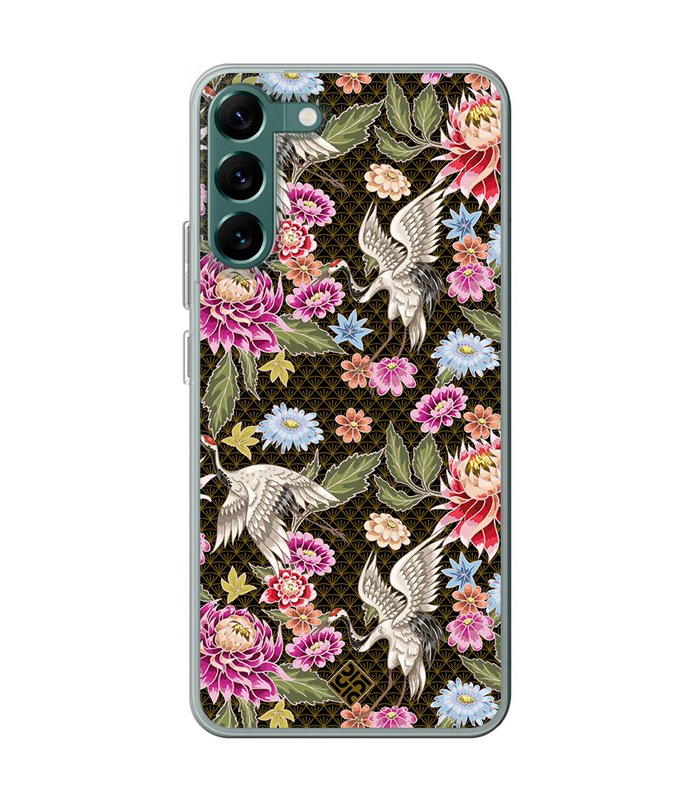 Funda para [ Samsung Galaxy S23 ] Dibujo Japones [ Estampado de Flores y Grúas Blancas ] de Silicona