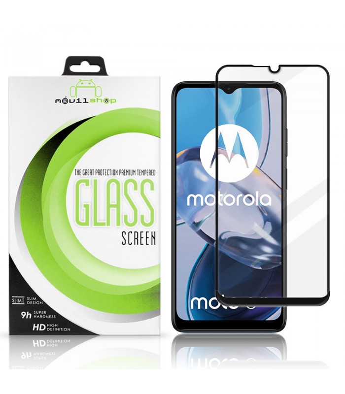 Protector de pantalla completo para Motorola Moto E22- Cristal templado Full Glue con borde Negro