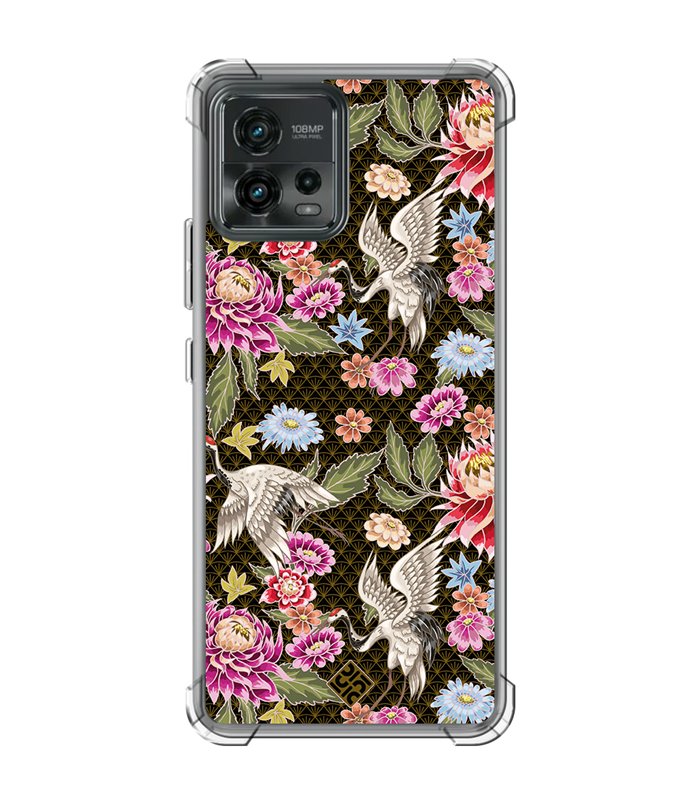 Funda Antigolpe [ Motorola Moto G72 ] Dibujo Japones [ Estampado de Flores y Grúas Blancas ] Reforzada 1.5