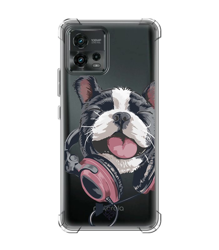 Funda Antigolpe [ Motorola Moto G72 ] Diseño Música [ Perro Feliz Escuchando Música ] Esquina Reforzada Silicona