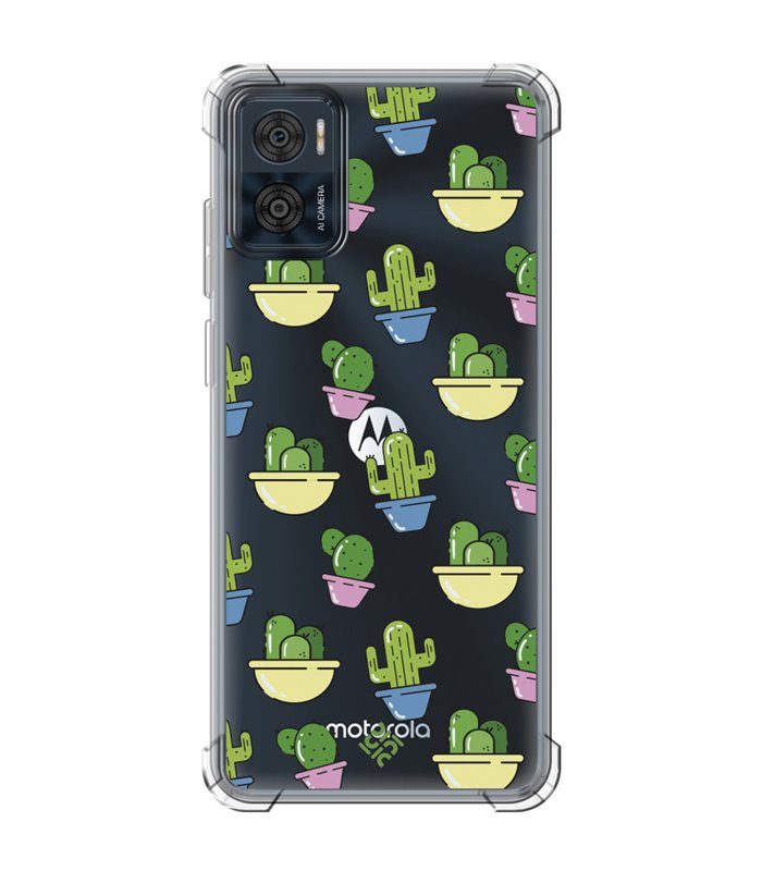 Funda Antigolpe [ Motorola Moto E22 ] Dibujo Auténtico [ Cactus en Macetas ] Esquina Reforzada Silicona 1.5 