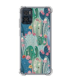 Funda Antigolpe [ Motorola Moto E22 ] Dibujo Botánico [ Cactus Con Flores Rosas ] Esquina Reforzada Silicona 1.5