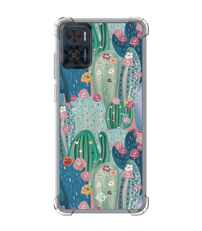 Funda Antigolpe [ Motorola Moto E22 ] Dibujo Botánico [ Cactus Con Flores Rosas ] Esquina Reforzada Silicona 1.5