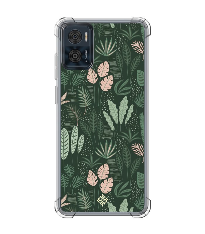 Funda Antigolpe [ Motorola Moto E22 ] Dibujo Botánico [ Patron Flora Vegetal Verde y Rosa ] Reforzada 1.5