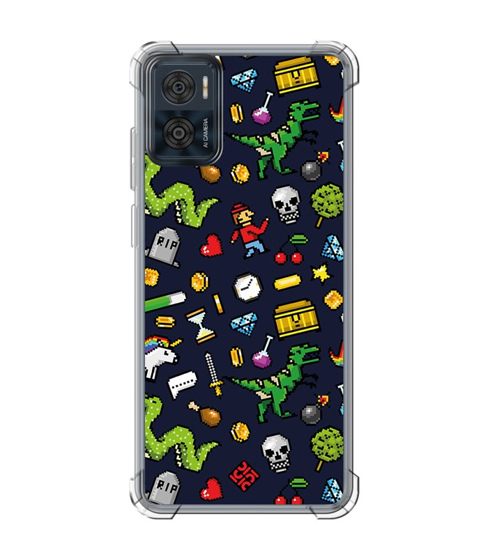 Funda Antigolpe [ Motorola Moto E22 ] Dibujo Gamers [ Iconos de Juego Retro Pixel Art 8 Bits ] Esquina 1.5