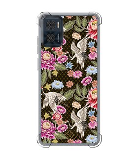 Funda Antigolpe [ Motorola Moto E22 ] Dibujo Japones [ Estampado de Flores y Grúas Blancas ] Reforzada 1.5