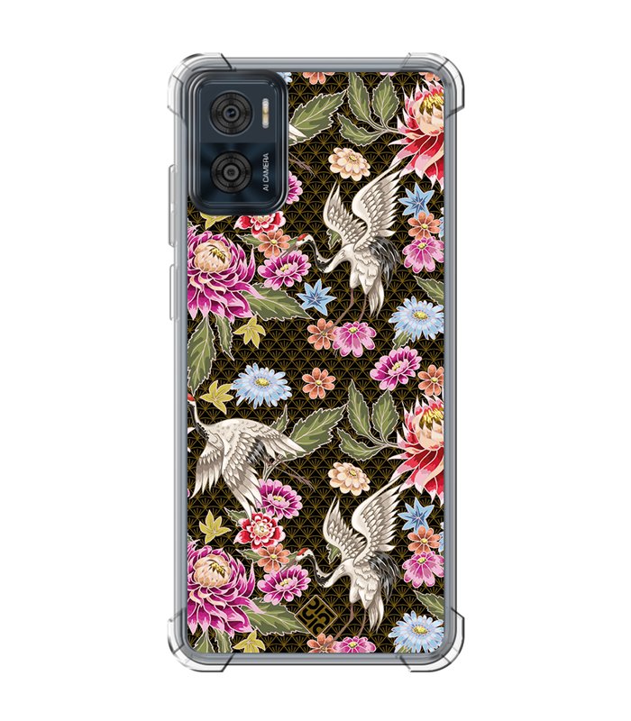 Funda Antigolpe [ Motorola Moto E22 ] Dibujo Japones [ Estampado de Flores y Grúas Blancas ] Reforzada 1.5