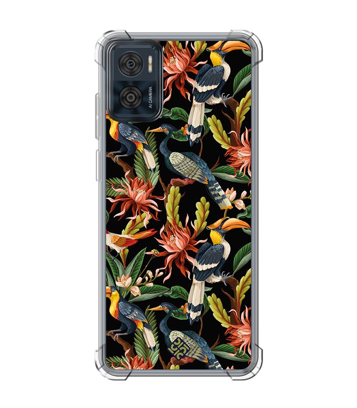 Funda Antigolpe [ Motorola Moto E22 ] Dibujo Mascotas [ Estampado Aves y Hojas y Flores Tropicales ] Esquina 1.5