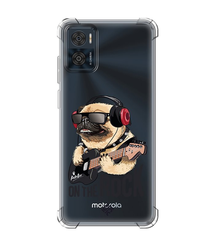 Funda Antigolpe [ Motorola Moto E22 ] Diseño Música [ Pug Perro con Auriculares ] Esquina Reforzada 1.5mm