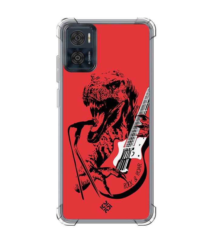 Funda Antigolpe [ Motorola Moto E22 ] Diseño Música [ Rock & Roar - Dinosaurio Tocando la Guitarra ] Reforzada