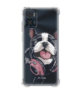 Funda Antigolpe [ Motorola Moto E22 ] Diseño Música [ Perro Feliz Escuchando Música ] Esquina Reforzada Silicona