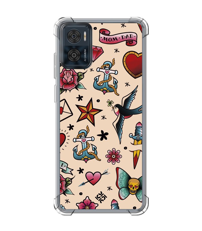 Funda Antigolpe [ Motorola Moto E22 ] Dibujo Tendencias [ Tatuajes Clásicos ] Esquina Reforzada Silicona 1.5mm