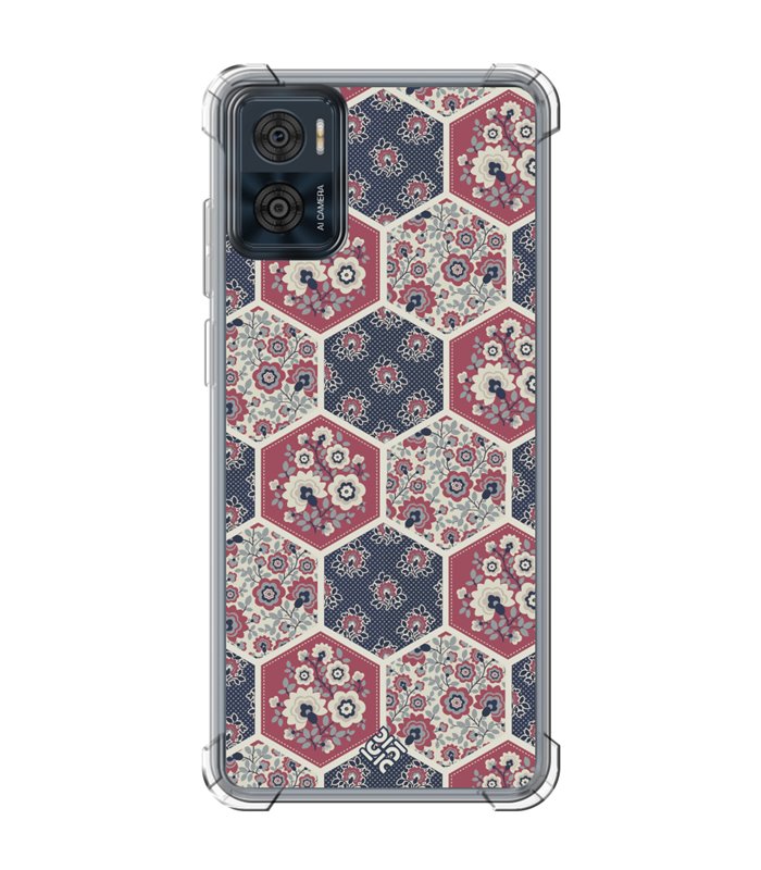 Funda Antigolpe [ Motorola Moto E22 ] Dibujo Tendencias [ Diseño Azulejos Hexágonales con Flores ] Reforzada