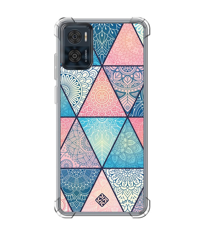 Funda Antigolpe [ Motorola Moto E22 ] Dibujo Auténtico [ Mosaico Triangular Mandala ] Esquina Reforzada 1.5