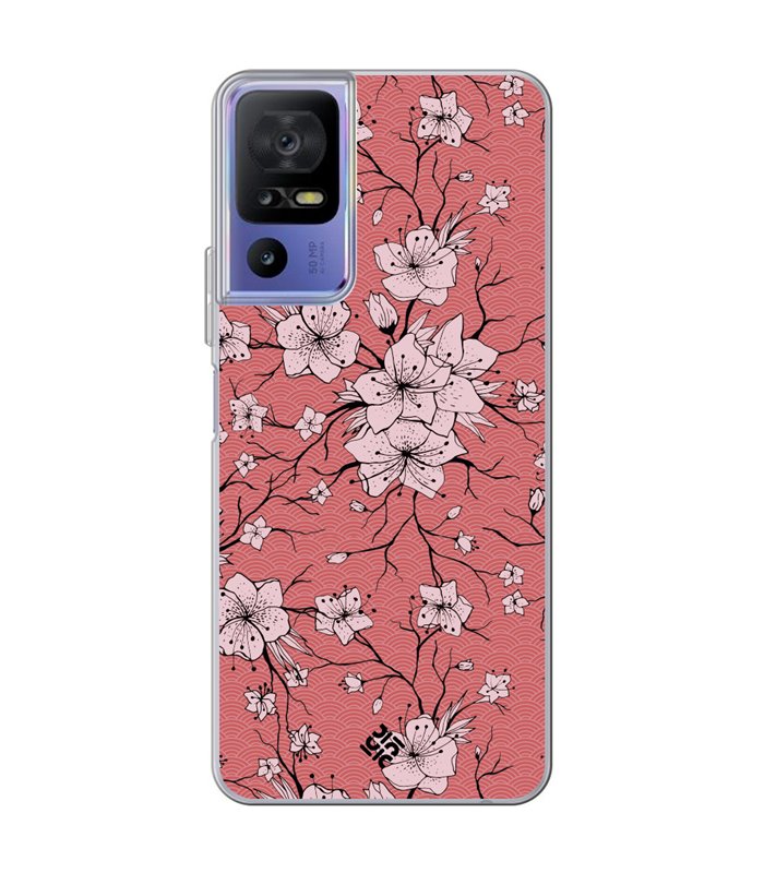 Funda para [ TCL 40 SE ] Dibujo Botánico [ Flores sakura con patron japones ] de Silicona Flexible para Smartphone