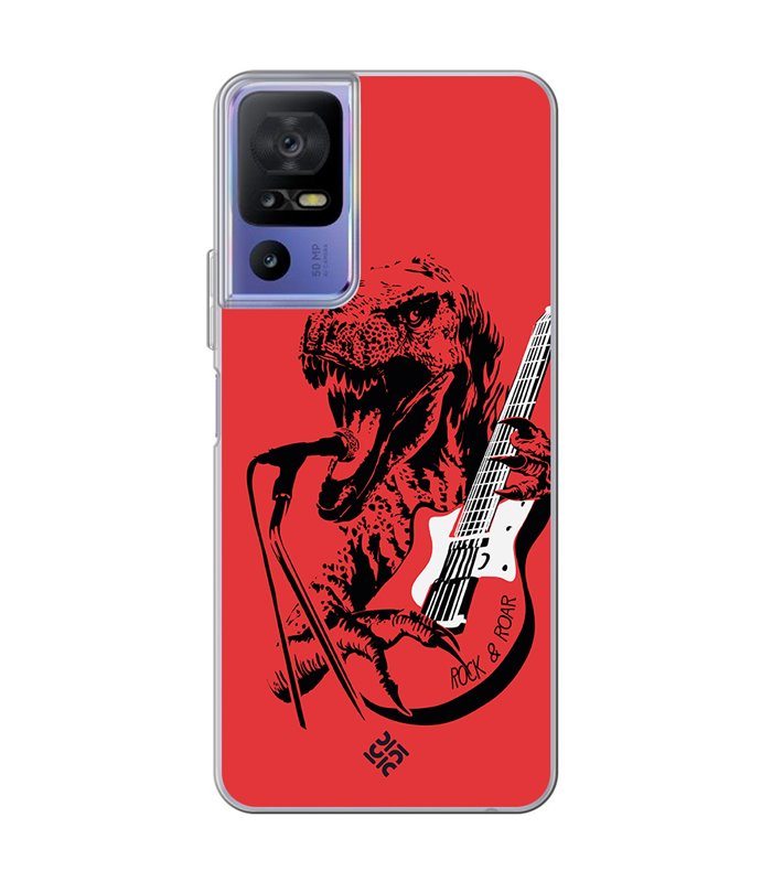 Funda para [ TCL 40 SE ] Diseño Música [ Rock & Roar - Dinosaurio Tocando la Guitarra ] de Silicona Flexible para Smartphone
