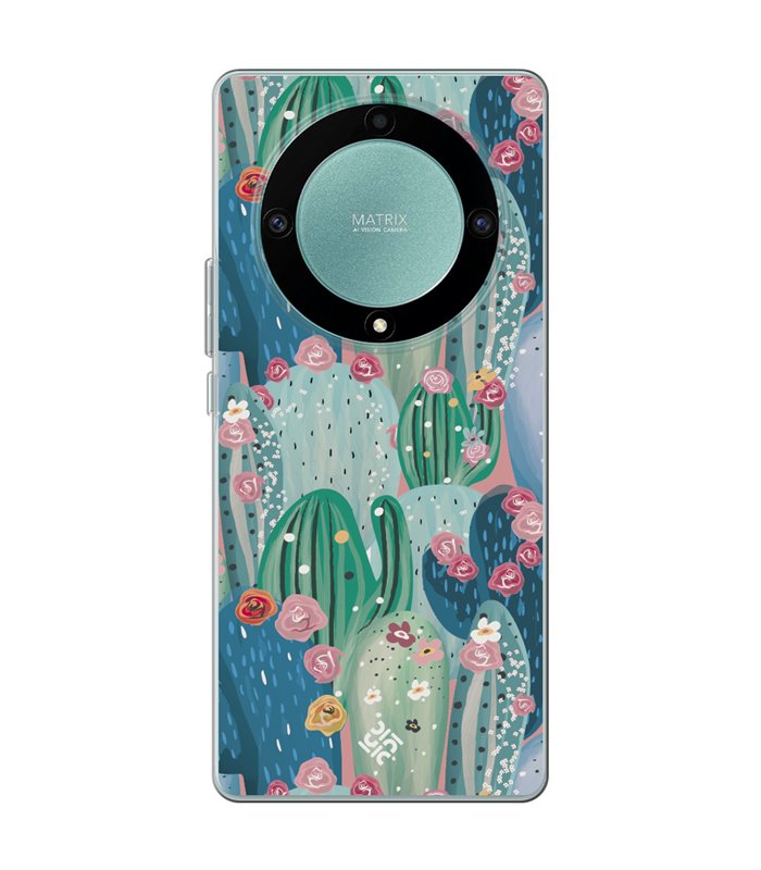 Funda para [ Honor Magic 5 Lite ] Dibujo Botánico [ Cactus Con Flores Rosas ] de Silicona Flexible para Smartphone