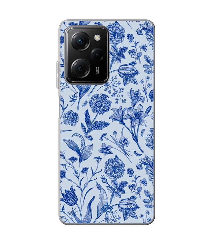 Funda para [ POCO X5 Pro 5G ] Dibujo Botánico [ Flores Silvestres Patron Azul ] de Silicona Flexible