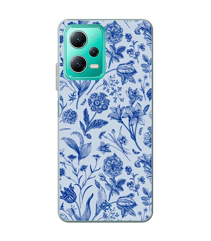 Funda para [ Xiaomi Redmi Note 12 5G ] Dibujo Botánico [ Flores Silvestres Patron Azul ] de Silicona Flexible