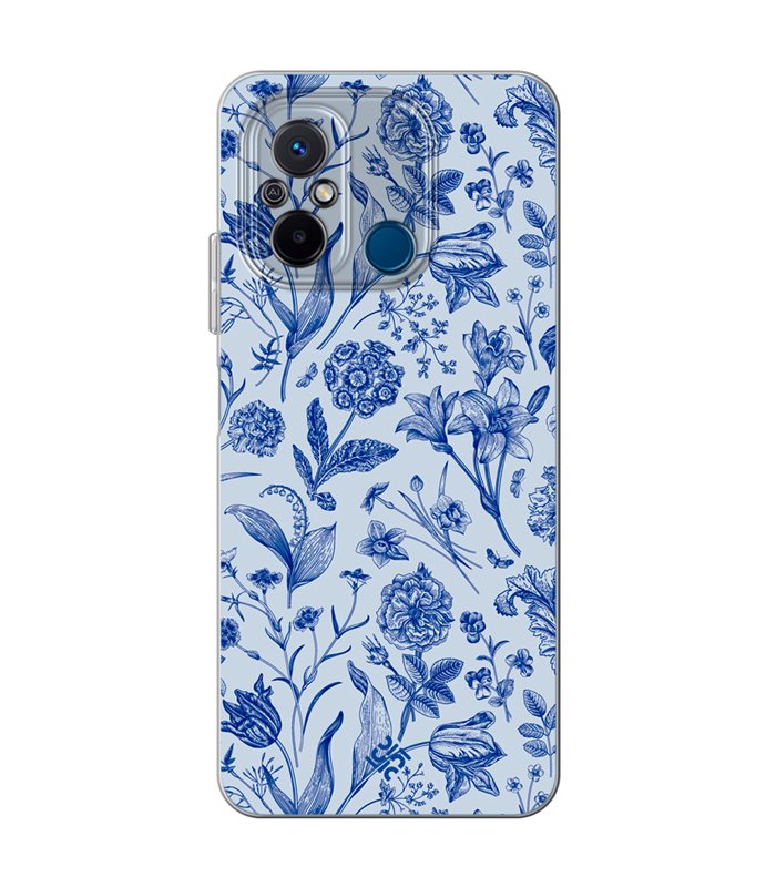 Funda para [ Xiaomi Redmi 12C ] Dibujo Botánico [ Flores Silvestres Patron Azul ] de Silicona Flexible