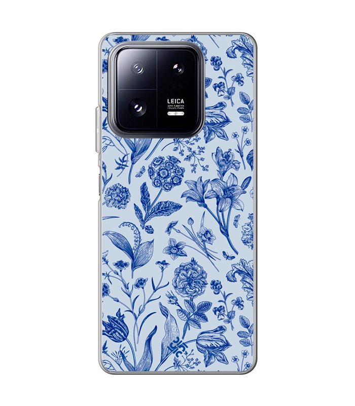 Funda para [ Xiaomi 13 Pro ] Dibujo Botánico [ Flores Silvestres Patron Azul ] de Silicona Flexible