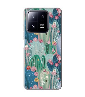 Funda para [ Xiaomi 13 Pro ] Dibujo Botánico [ Cactus Con Flores Rosas ] de Silicona Flexible para Smartphone