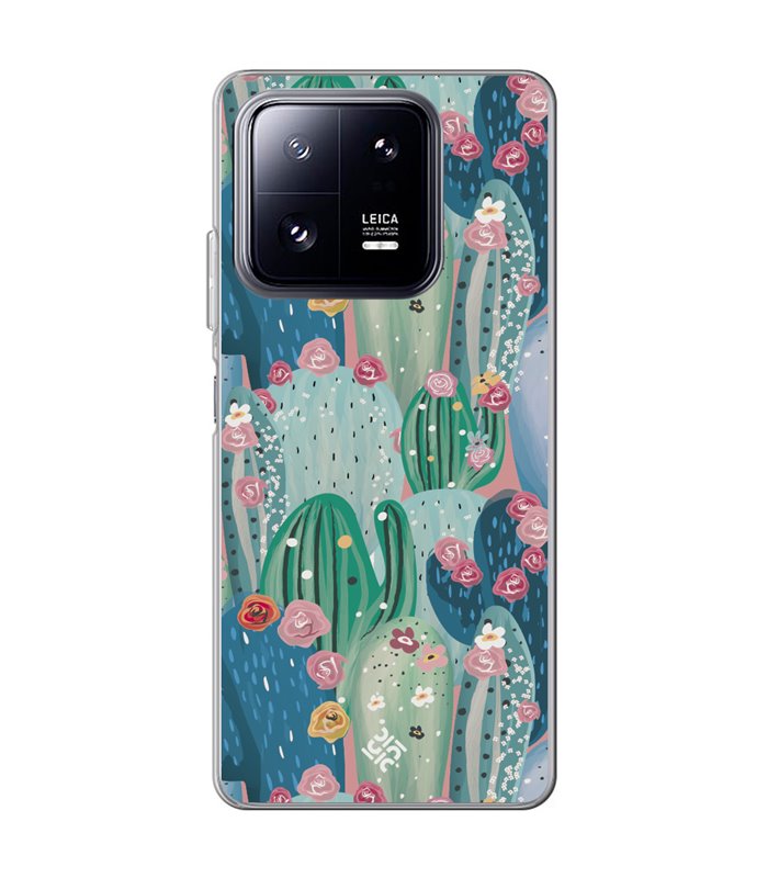 Funda para [ Xiaomi 13 Pro ] Dibujo Botánico [ Cactus Con Flores Rosas ] de Silicona Flexible para Smartphone